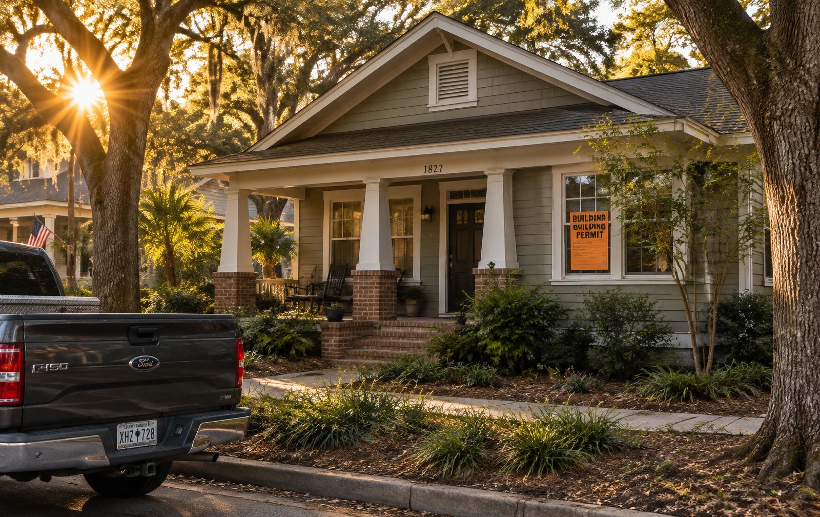 Craftsman home with a building permit posted in the window